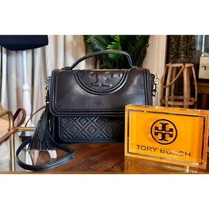 RARE!!! Authentic Tory Burch Black Quilted Leather Fleming Shoulder Bag/Crossbod